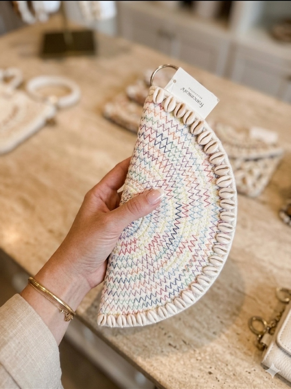 Francesca's Collections Cream Multicolor Zigzag Shell-Trim Clutch Wristlet NWT